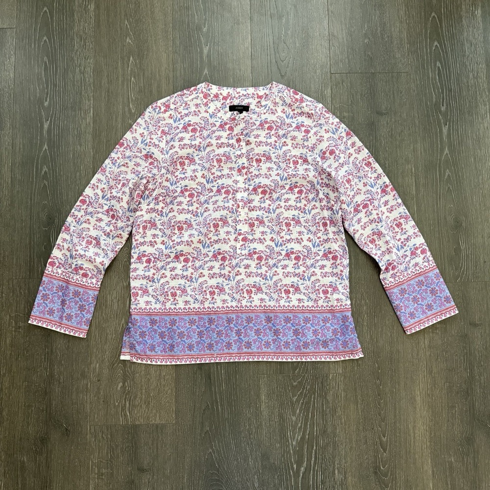 J Crew‎ Iris Block Print Floral Tunic Small Popover Cotton Metallic Boho Cottage